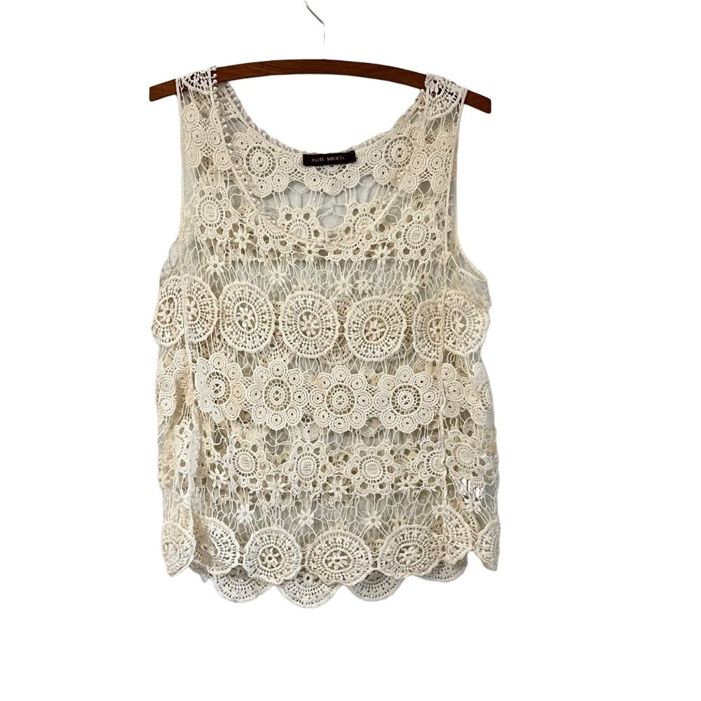 Haute Society Beige Floral Full Crochet Boho Festival Tank Top Size Medium